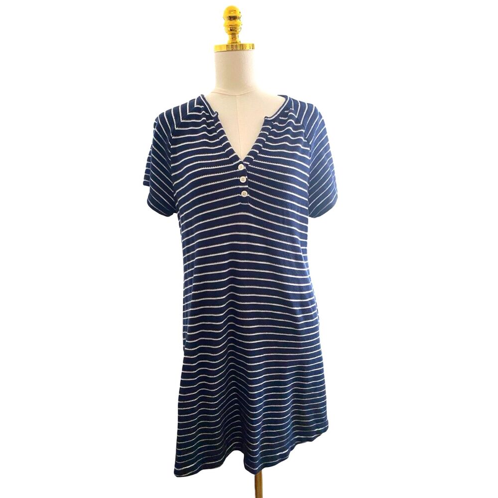 Loft Striped Henley Mini Dress Large Navy White Waffle Weave Nautical Resortwear